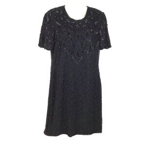 Vtg Night Vogue Silk Beaded Dress Black Lined Zipper Evening Wear Cocktail Large